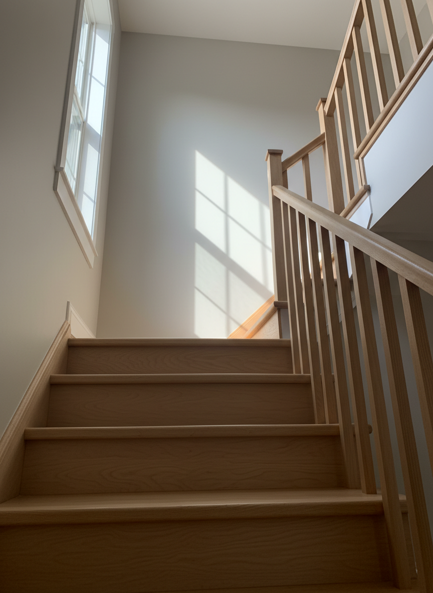 A custom-built maple staircase renovation in a contemporary home, featuring solid wood treads with rounded edges, a sleek, square-profile handrail, and simple vertical balusters in matching maple. The warm, natural finish brings out subtle grain patterns and a smooth, tactile surface. The staircase ascends in a gentle curve, framed by freshly painted neutral walls. Natural light from a nearby high window casts soft, elongated shadows across the steps, emphasizing depth and craftsmanship. Photographic realism from a low, upward angle, capturing the curve and vertical lines, with sharp focus and a serene, aspirational mood that highlights high-quality home renovation work.