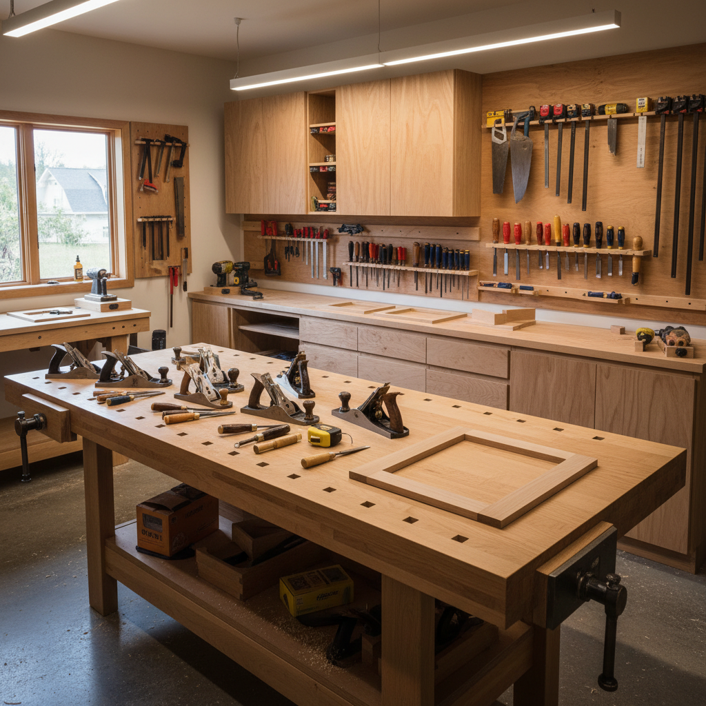 A meticulously organized woodworking shop featuring a large maple workbench in the foreground, covered with neatly arranged hand planes, chisels, and a tape measure beside a partially assembled cabinet door. Behind, custom-built plywood cabinetry and wall-mounted tool storage line the walls, all in warm natural wood tones. Diffused workshop lighting from overhead fixtures mixes with soft daylight from a side window, casting realistic, gentle shadows and highlighting sawdust textures on the floor. Shot in photographic realism from a slightly elevated angle, the image emphasizes clean craftsmanship, precision, and professionalism, with clear, sharp focus throughout and a calm, focused atmosphere.