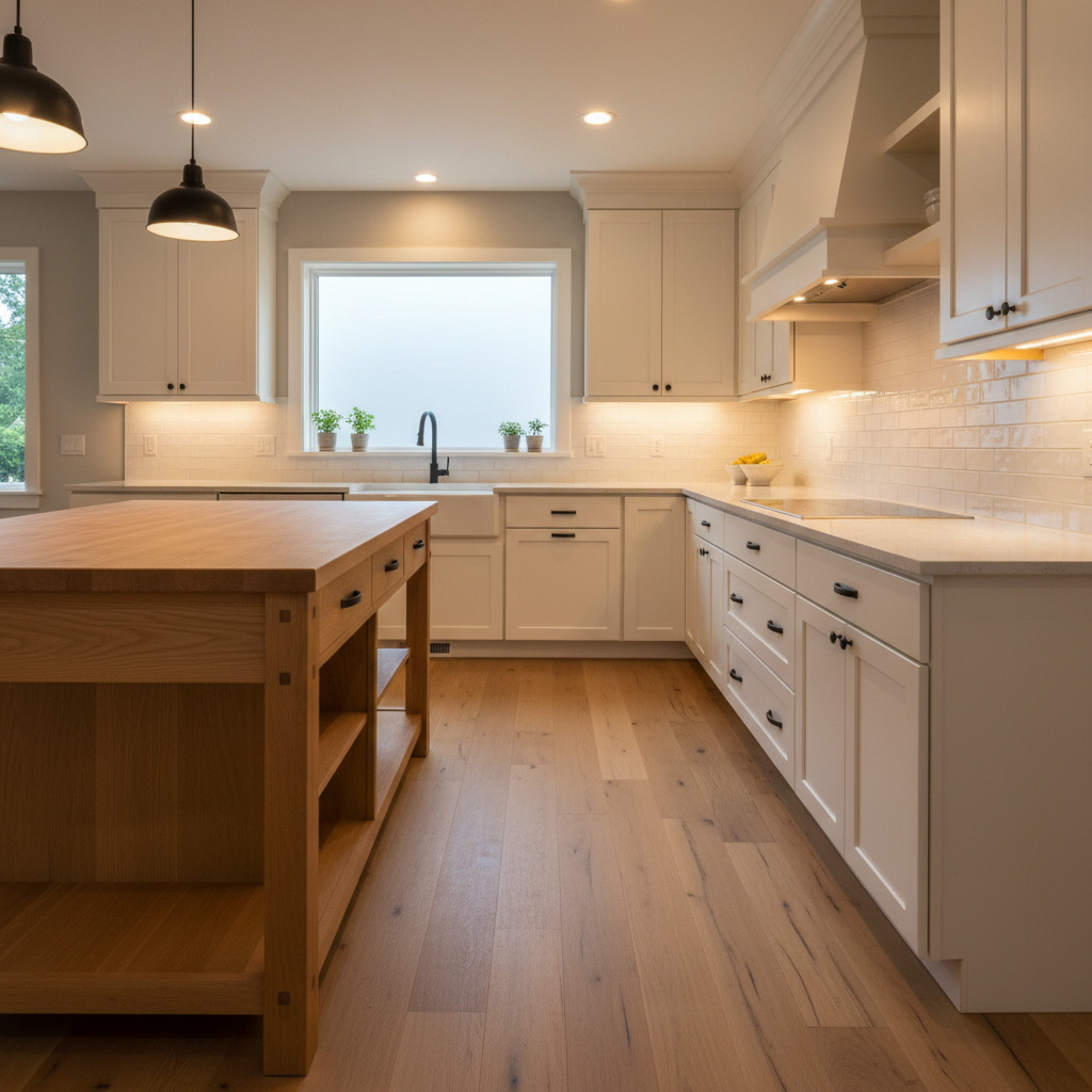 A beautifully remodeled kitchen featuring custom painted shaker cabinets in a soft warm white, paired with a natural white oak island showcasing exposed joinery and a thick, smooth butcher-block top. Under-cabinet lighting and recessed ceiling lights provide warm, even illumination across quartz countertops and tiled backsplash, while a large window brings in cool daylight, creating a balanced, realistic mix of light and gentle, natural shadows. The scene suggests a Vancouver-Portland area home without showing any exterior. Photographic realism, wide-angle lens capturing the full cabinetry layout, carefully composed using the rule of thirds to highlight the island and surrounding storage, conveying a polished, professional renovation.