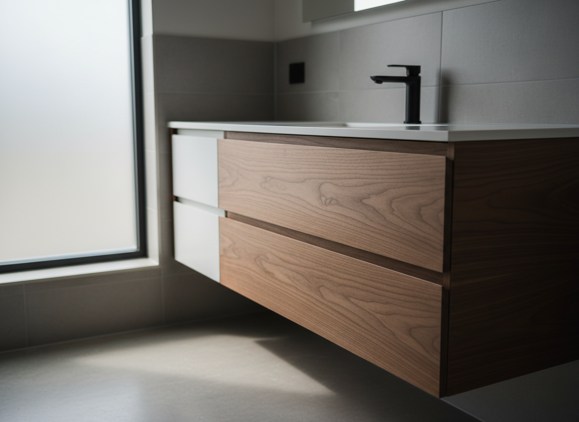 A close-up, photographic realism shot of a custom walnut floating vanity in a modern bathroom renovation. The vanity has flat-panel doors with continuous grain matching, soft-close hardware, and a matte finish that reveals deep brown tones and subtle figuring. A white solid-surface countertop with an integrated sink rests above, with a minimalist black faucet. Soft, diffused light from a frosted window to the side gently illuminates the wood and creates faint, clean shadows beneath the vanity, emphasizing its floating design. The composition is slightly angled, with a shallow depth of field keeping the vanity in crisp focus while the tiled wall and floor blur softly, communicating precision, quality, and calm sophistication.