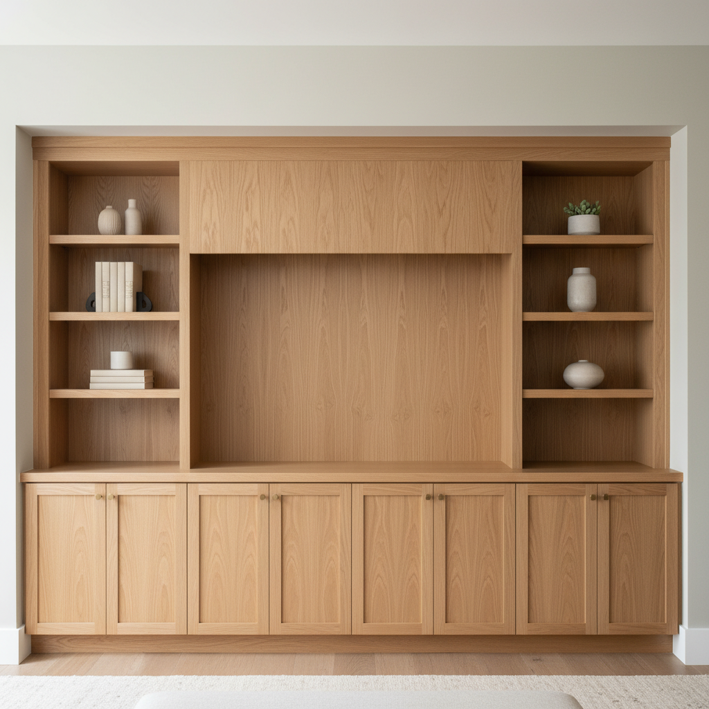 A custom built-in entertainment center crafted from rift-sawn white oak stretches across a living room wall, featuring clean shaker-style cabinet doors, open shelving, and a central space for a television. The cabinetry fits seamlessly between two walls, giving a high-end, tailored feel appropriate for a Portland, OR home. Soft, diffused daylight filters through off-camera windows, creating subtle highlights on the vertical grain and matte finish. The room is styled minimally, with a few decorative objects on the shelves, keeping focus on the craftsmanship. Photographic realism, straight-on eye-level composition, balanced framing, and sharp focus emphasize the clean lines, precise joinery, and professional woodworking.